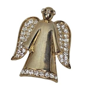 Vintage Monet Signed Angel Brooch Gold Tone Rhinestone Wings Halo & Hem 1.25”